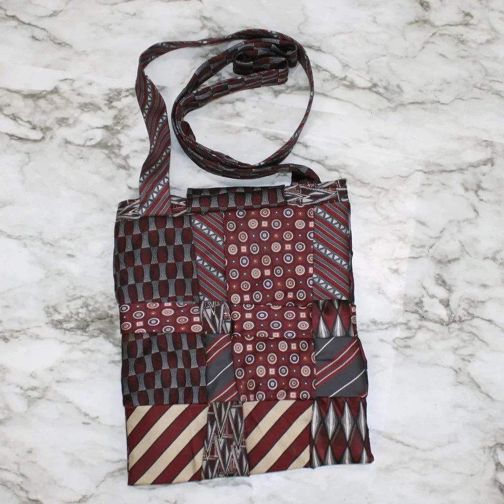 HAND CRAFTED Purse Bag Crossbody Upcycled Neck Ties Silk Red Burgundy Small